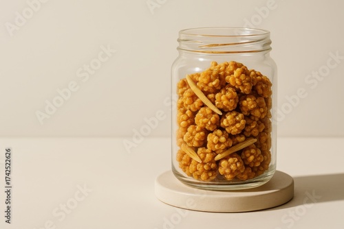 Glass jar filled with astragalus root crisps and nuts in warm sunlight on a minimalist beige background.