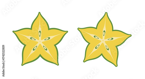 Two star fruit slices displayed against a clean white background