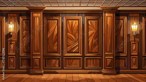Rich walnut wooden wall panels, deep brown hues, fine detailed grain, soft lighting reflections, vector illustration, perfect for modern interiors, classic furniture, and elegant decorative design 