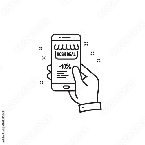 Modern Vector Illustration of Hand Holding Phone with Hosh Deal Offer Minimalist Black Line Art
