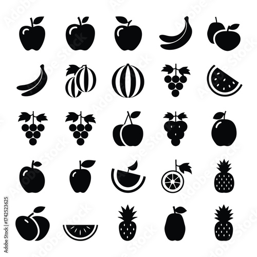 Scalable vector graphics collection of fresh fruit icons for declarative design projects silhouette vector illustration white background