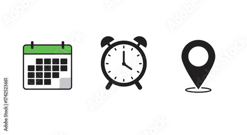 Simple icons representing a calendar alarm clock and map location symbol