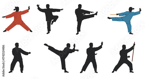 Silhouettes of martial artists performing various tai chi and kung fu poses