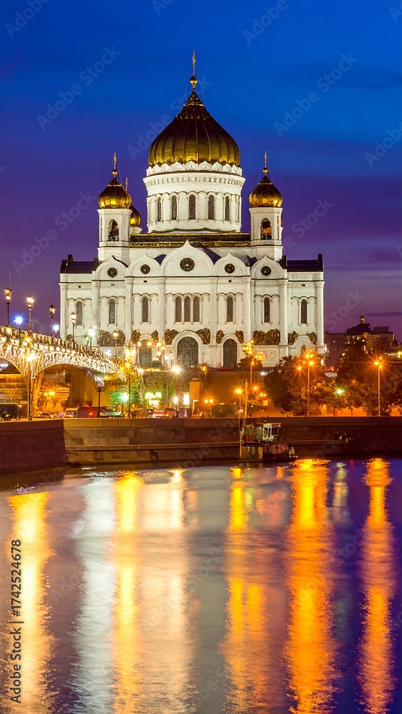Fototapeta premium Majestic white cathedral with golden domes reflecting on river at twilight
