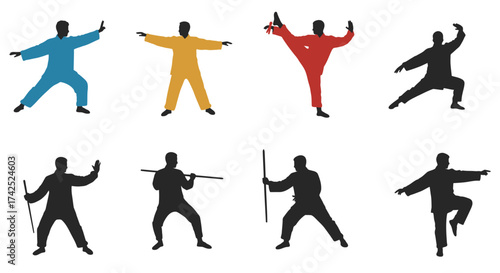Silhouettes of martial artists demonstrating various dynamic kung fu poses