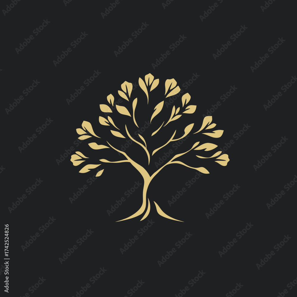 Naklejka premium Golden tree illustration with stylized branches and leaves against a dark background, creating a simple yet elegant design.