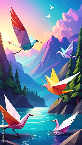 Colorful origami birds soar over a valley