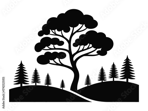 Scalable vector silhouette illustration of a majestic tree and pine forest scene for eps files silhouette vector illustration white background
