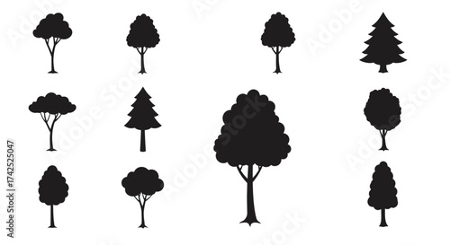A collection of various black silhouette trees against a white background