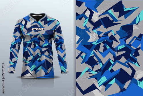 T-shirt mockup with abstract flash lines sport jersey design for football, soccer, racing, esports, running, in blue gray color