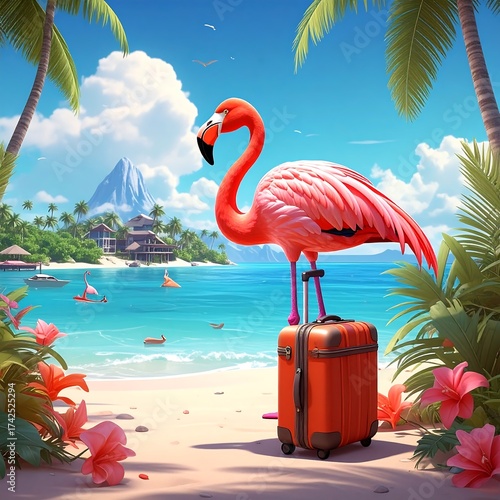 Flamingo ready to travel, on a tropical beach