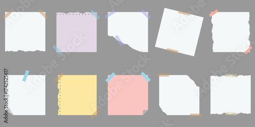 Set of torn paper notes with adhesive tape. Collection of ripped lined and grid notebook pages with pieces masking tape. Perfect for scrapbooking  memo  creative design  digital collages