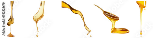 Golden syrup drip, pouring honey, caramel sauce, sweet dessert topping, isolated on black
