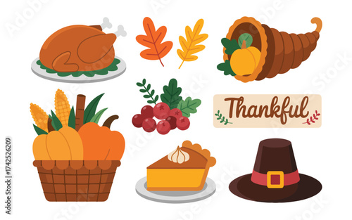 A collection of Thanksgiving-themed illustrations on a white background