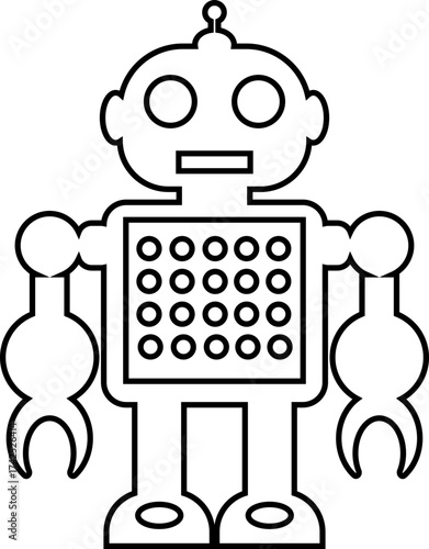 Retro robot icon in line style vector of vintage androids, droids, bots, cyborgs, mechanical machines and humanoid robots.