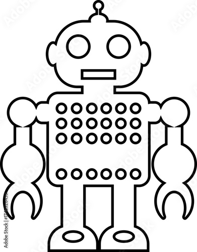 Retro robot icon in line style vector of vintage androids, droids, bots, cyborgs, mechanical machines and humanoid robots.