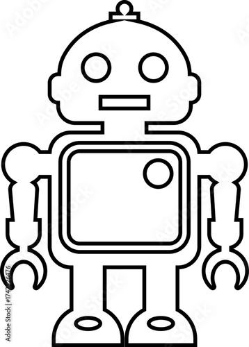 Retro robot icon in line style vector of vintage androids, droids, bots, cyborgs, mechanical machines and humanoid robots.