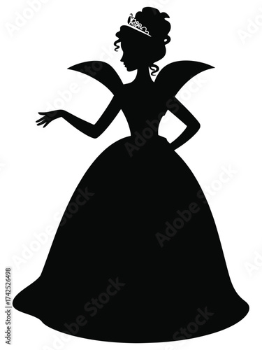 Elegant black silhouette of a woman in a ball gown with tiara ideal for vector graphics and illustrations silhouette vector illustration white background
