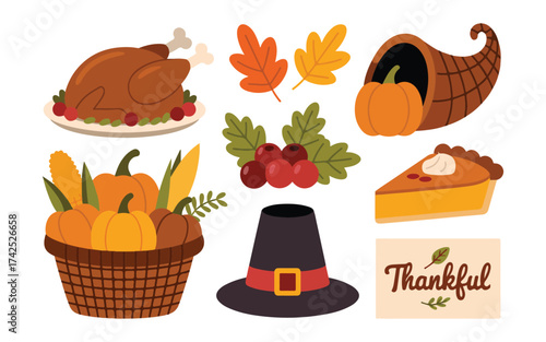 A collection of Thanksgiving-themed illustrations on a white background