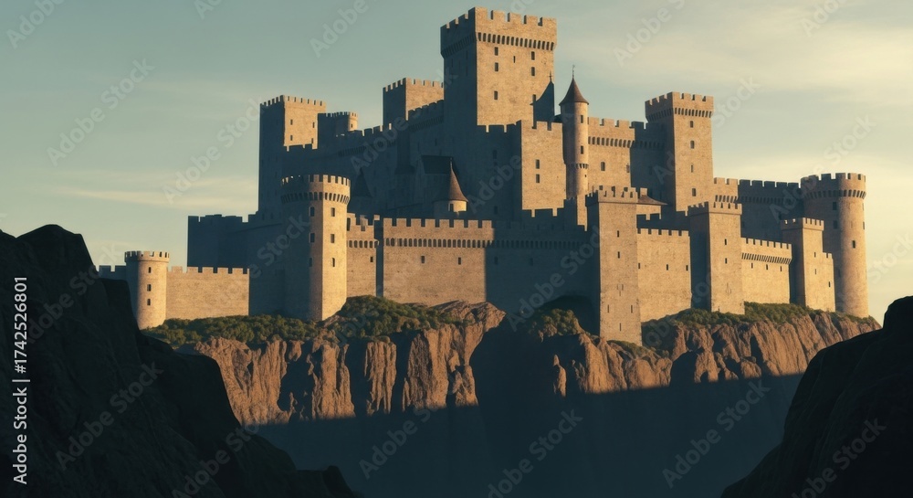 Fototapeta premium Medieval Castle on Cliffs Under Soft Sunset Light in Dramatic Landscape