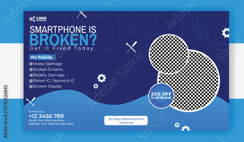 Advertisement banner for smartphone repair service with broken phone and tools