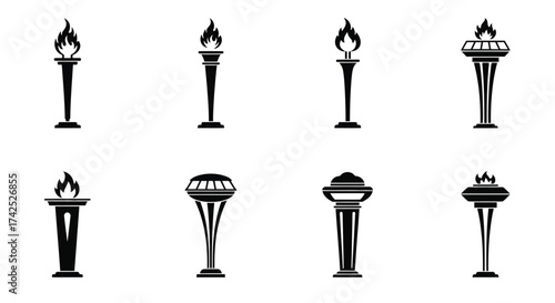 Collection of black silhouette icons depicting various styles of torches