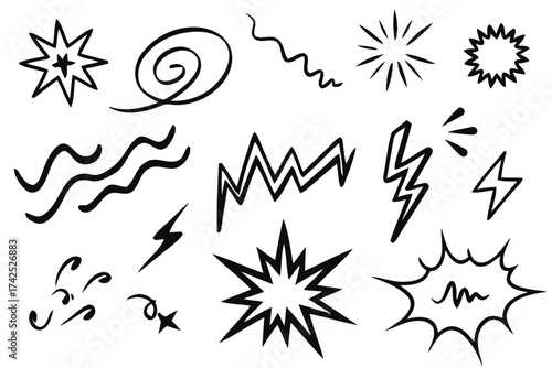 Vector collection of dynamic hand-drawn explosion starburst and lightning bolt graphics scalable eps illustration silhouette vector illustration white background