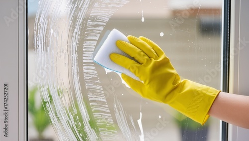 Close-up of a hand in a yellow rubber glove cleaning a window with a white sponge and soapy foam. Perfect for hygiene, cleanliness, and household cleaning themes