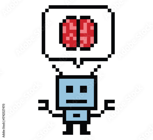 Cartoon cute pixel art of Humanoid robot or ai learning skill robotic chat bot robots business vector character automation background 8 bit decoration.