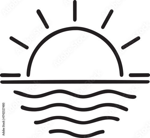Minimalist Line Art Icon of Sunrise or Sunset with Radiating Sunbeams and Rippling Water