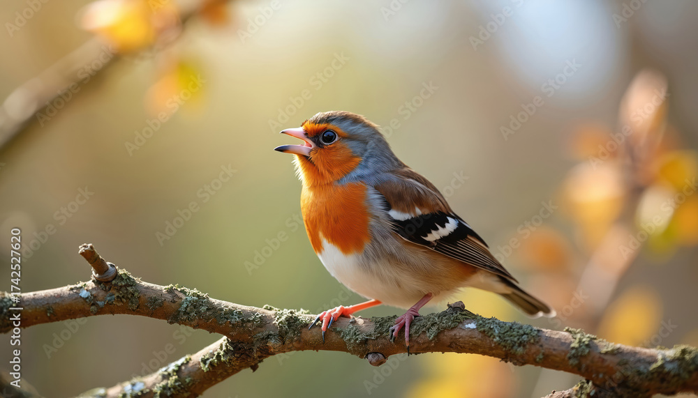 Fototapeta premium Orange bird sits on a branch. Songbird finch sings with open beak. Wildlife animal at park in spring. Colorful birdwatching photo of nature. Winged animal observes environment at fall.