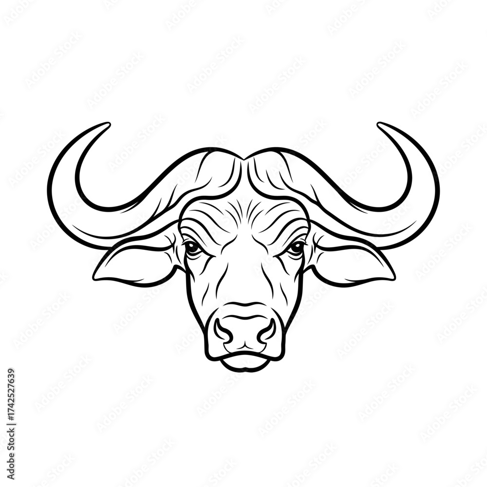 Naklejka premium Black and white line art of an African buffalo head.