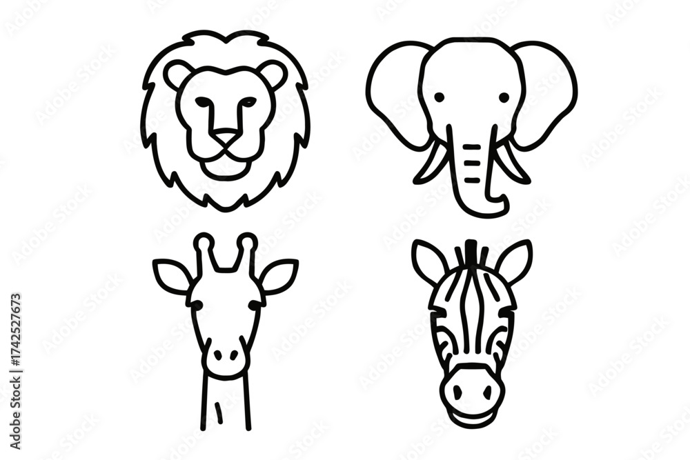 Fototapeta premium Simple black and white animal line art of lion, elephant, giraffe, and zebra