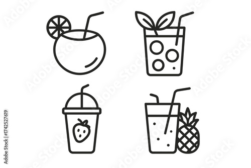 Set of four black line icons of refreshing fruit beverages with straw and garnish