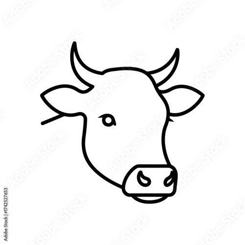 Detailed outline of a cow head with horns and ears, simple illustration.
