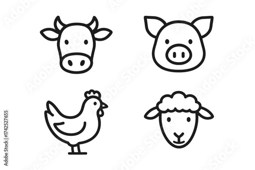Simple black and white farm animal icons: cow, pig, chicken, sheep