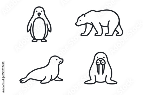 Outline icons of penguin, polar bear, seal, and walrus in simple black and white style