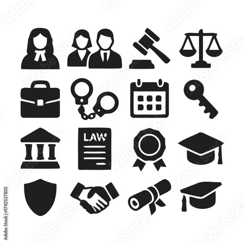 Justice law legal icons set scalable vector graphics for law firm marketing and courtroom presentations silhouette vector illustration white background