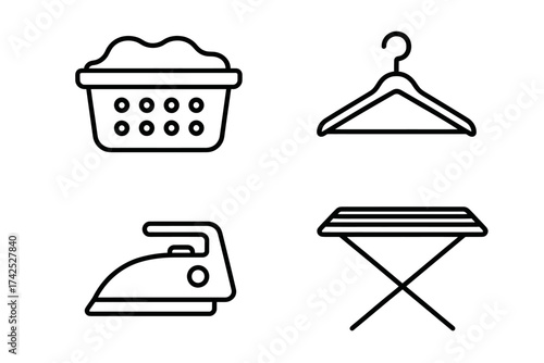 Laundry essentials icons: basket, hanger, iron, ironing board