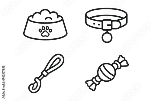 Pet accessories icon set: bowl, collar, leash, toy on white background