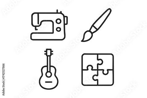Icons of sewing machine, paintbrush, guitar, and puzzle piece representing hobbies