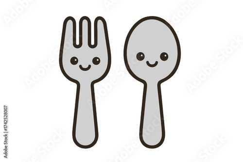 Cute kawaii smiling fork and spoon cartoon with happy faces