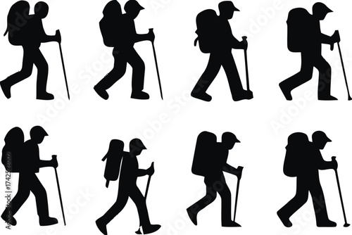 Silhouette vector graphics collection set of hikers with backpacks and trekking poles for outdoor adventure illustration silhouette vector illustration white background