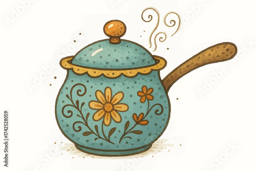 Antique blue floral teapot with steaming spout and wooden handle