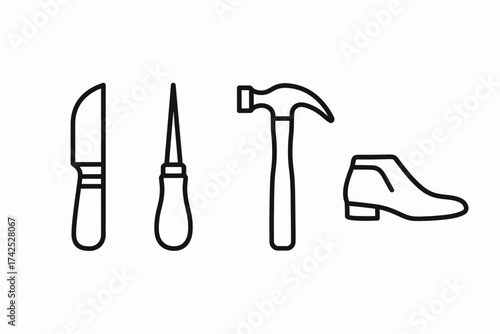 Outline icons of knife, awl, hammer, boot - black and white designs