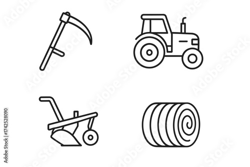 Outline illustrations of farm tools: scythe, tractor, plow, and hay bale