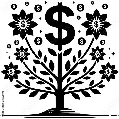 Financial Bloom: A stylized depiction of a money tree, its branches blossoming with dollar signs, symbolizing financial growth, wealth, and investment.