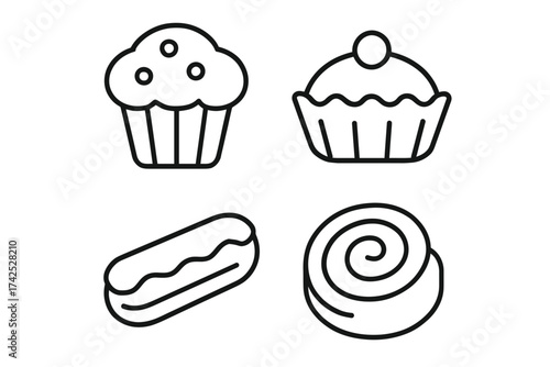 Outline icon set of dessert pastries: cupcake, tart, éclair, and cinnamon roll