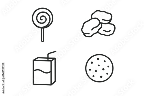Outlined icons of lollipop, chicken nuggets, juice box, and cookie