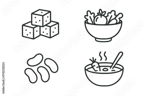 Outline icons of sugar cubes, salad bowl, beans, and soup bowl with steam